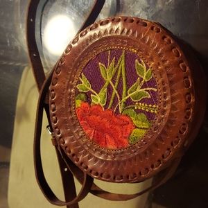 Real leather hand made floral embroidered   purse